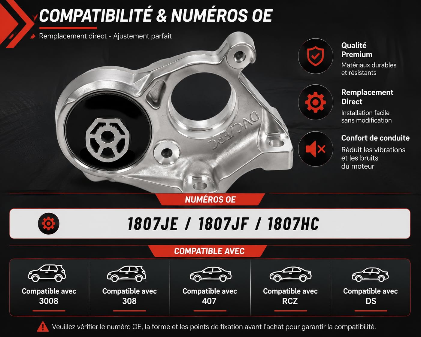 Support Moteur 1807JE 1807JF 1807HC Compatible avec Peugeot 3008 308 407 RCZ Compatible avec Citroën DS, Support Fixation Tampon Moteur Métal Caoutchouc