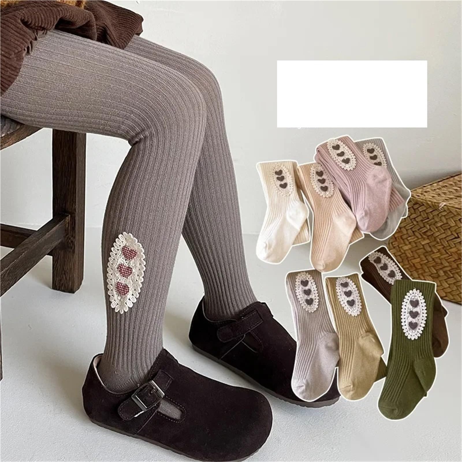 Girls Autumn Fashion Pantyhose – Cute Lace Stockings with Heart Pattern for Kids(Navy,S for 80-95CM)