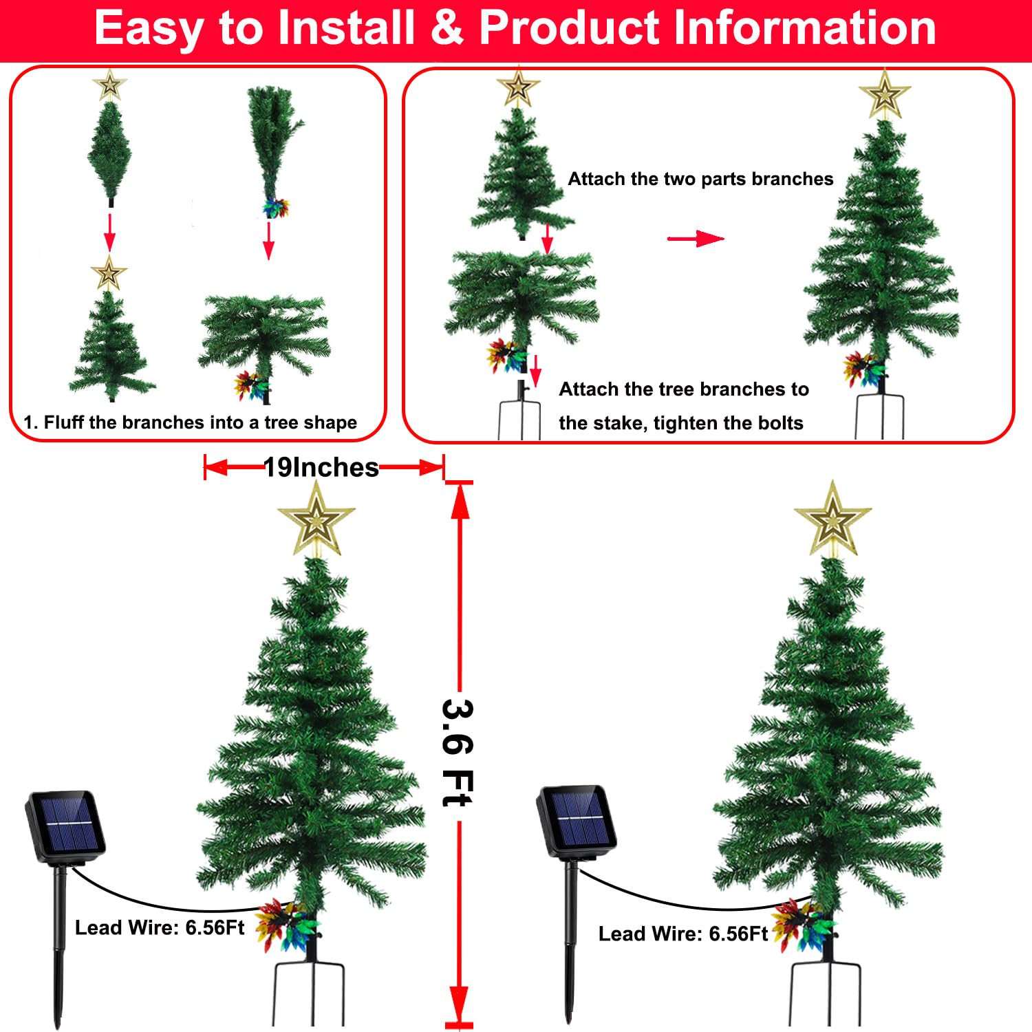 2 Stück 90 cm Solar-Weihnachtsbaum für den Außenbereich, 8 Modi, Solar-Weihnachtsbaumlichter mit 100 LEDs, wasserdichte Solar-Weihnachtsbeleuchtung für Hof, Veranda, Weg, Grab, Friedhof, Dekoration