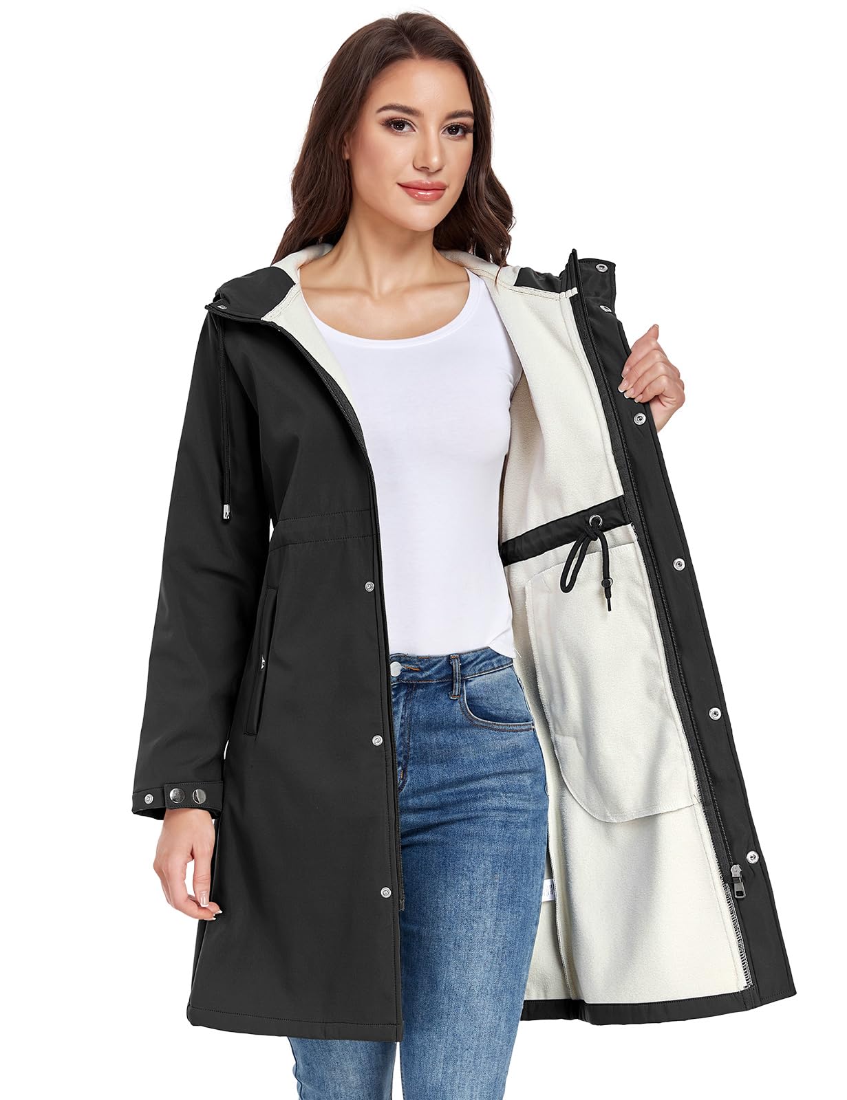 Softshelljacke Damen Lange Übergangsjacke Fleece Gefüttert Winddicht Softshellmantel Wasserdicht Windbreaker Wanderjacke Atmungsaktive Jacke Regenjacke Outdoorjacke mit Kapuze