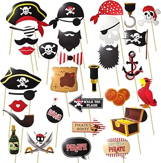 Funny Pirate Party Supplies,Pirate Photo BoothÂ Props Birthday Advanture Caribbean Ideals Skull Treatures Pirate Hat Patches Swords Telescopes Parrot Cutouts Sailing Nautical Party Decorations 31pcs