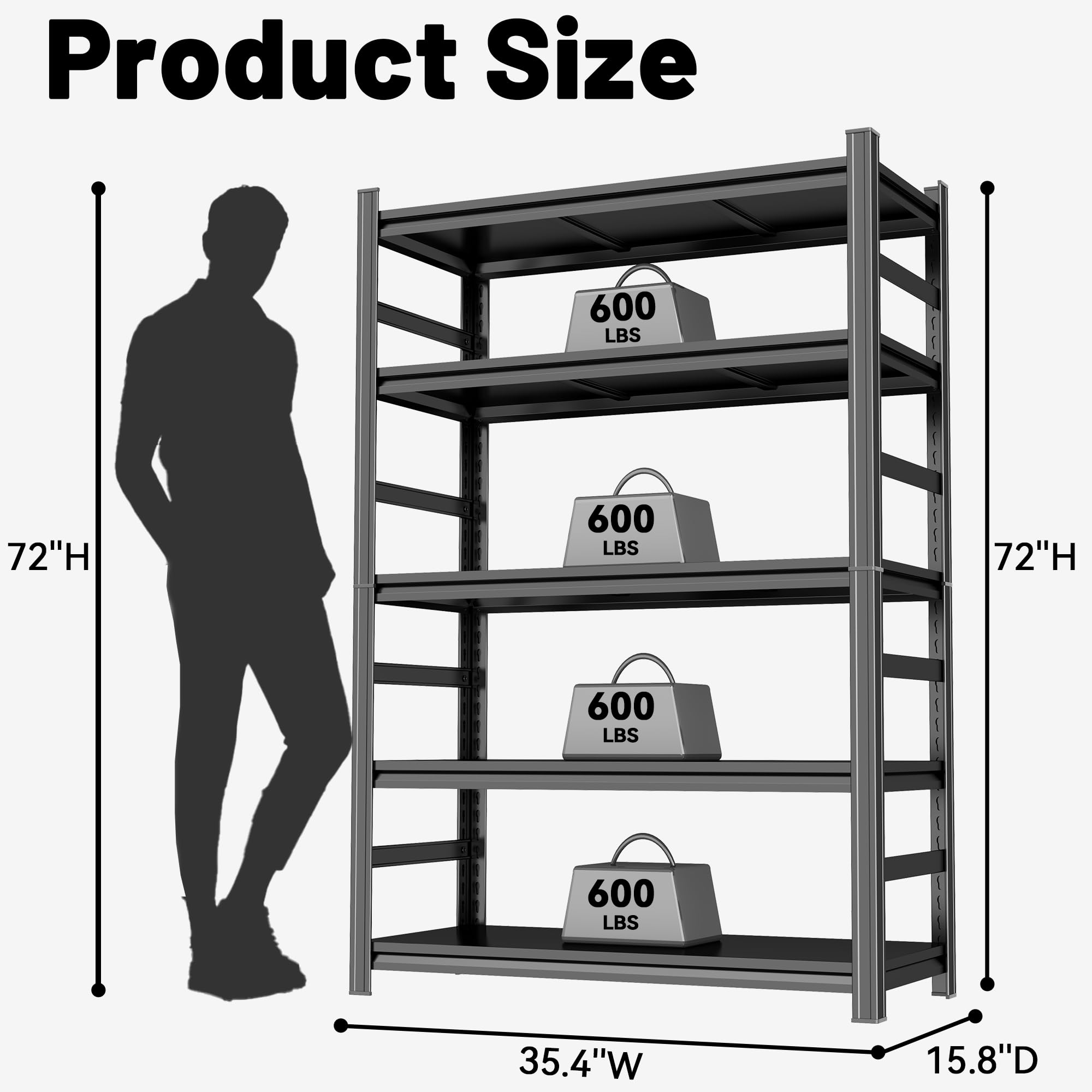 BEESTMUEBLE 3000lbs Garage Shelving,Standing Heavy Duty Metal Shelves,5 Tier Adjustable Height Shelf,Sturdy Steel Utility Rack (with Fences-35.4