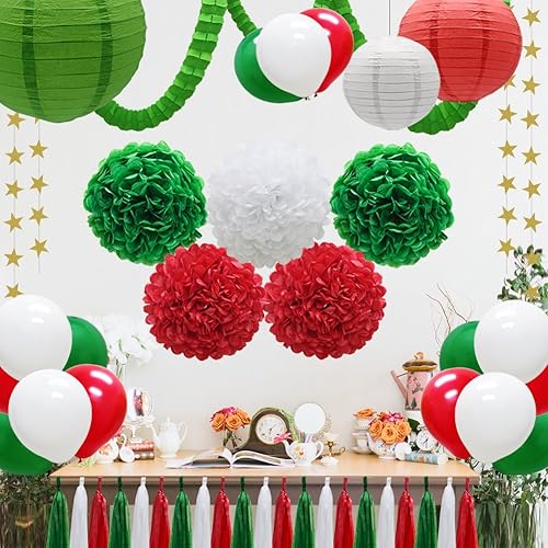 Miniatura 5 de Juego de 43 decoraciones de fiesta verdes, faroles de papel, globos, guirnalda de borlas, flores de pompones de pañuelo, guirnalda de trébol,