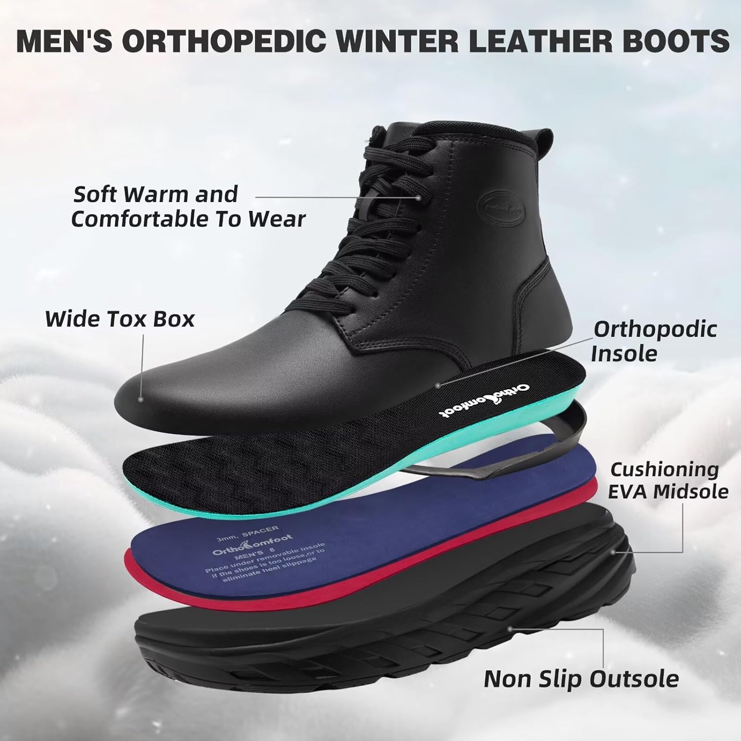 Men's Orthopedic Winter Leather Boots: Diabetic Wide Toe Box Comfortable Arch Support Plantar Fasciitis Mid Ankle Boots, Orthotic Casual Warm Dress Oxfords Walking Shoes for Foot and Heel Pain Relief - Image 7