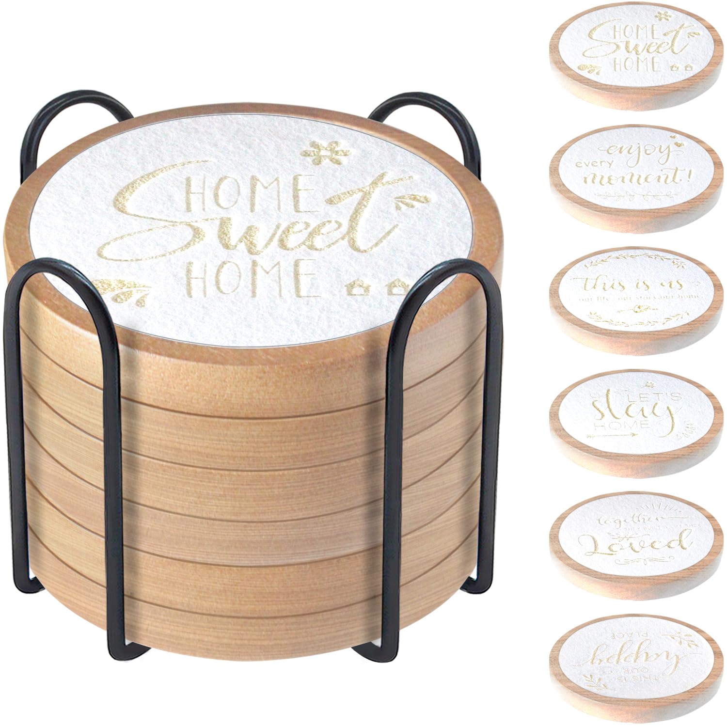 Wood Coasters for Drinks Housewarming Gifts for Home Decoration Absorbent Coasters with Holder for Coffee Tabletop Protection 4.3 Inch White