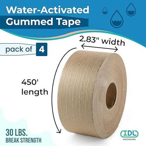 Miniatura 2 de IDL Packaging Cinta adhesiva reforzada de papel kraft activada por agua de 2.83 pulgadas x 450 pies, 30 libras de grosor (paquete de 4), cinta de