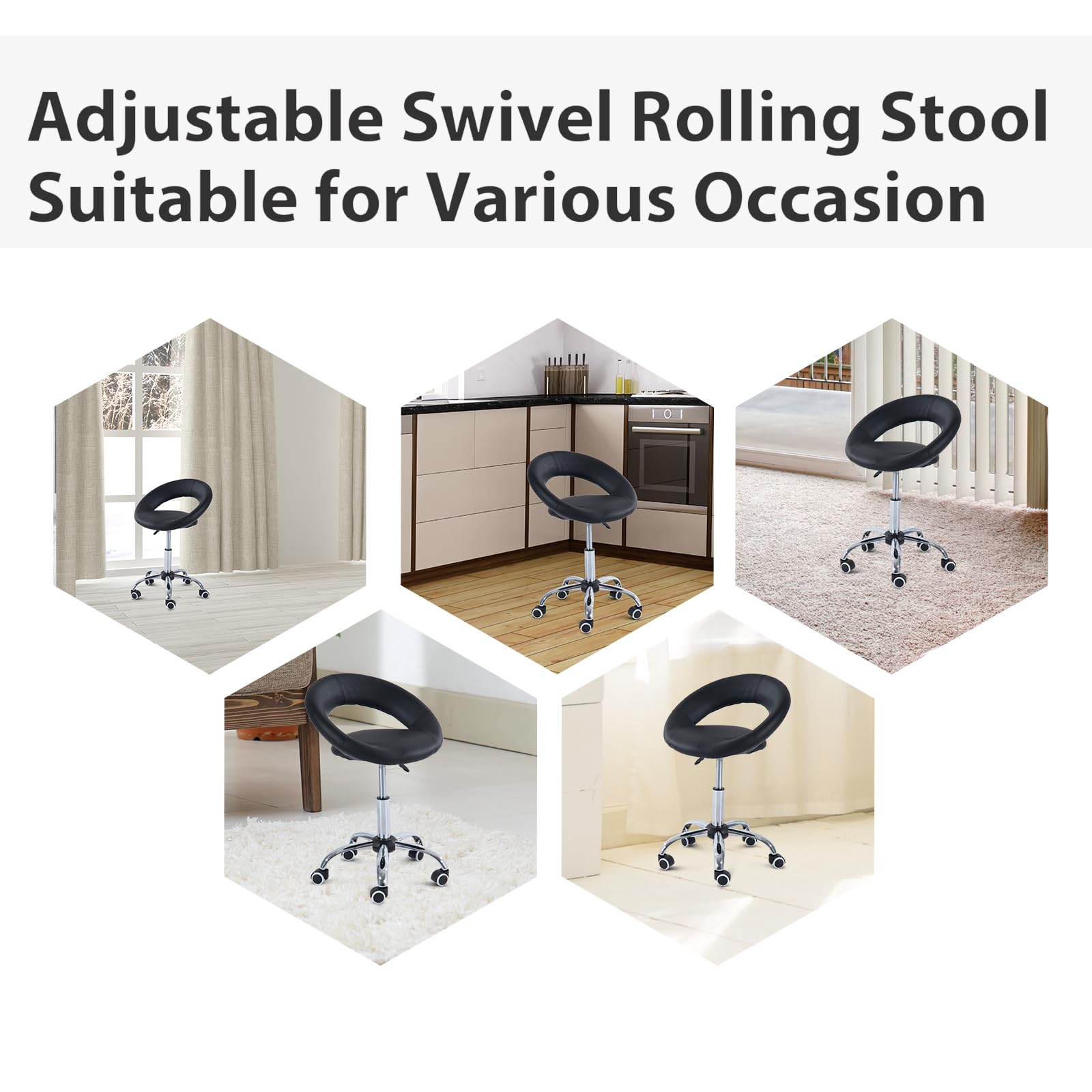 HOMCOM Crescent Rolling Salon Stool, Adjustable Height, Black