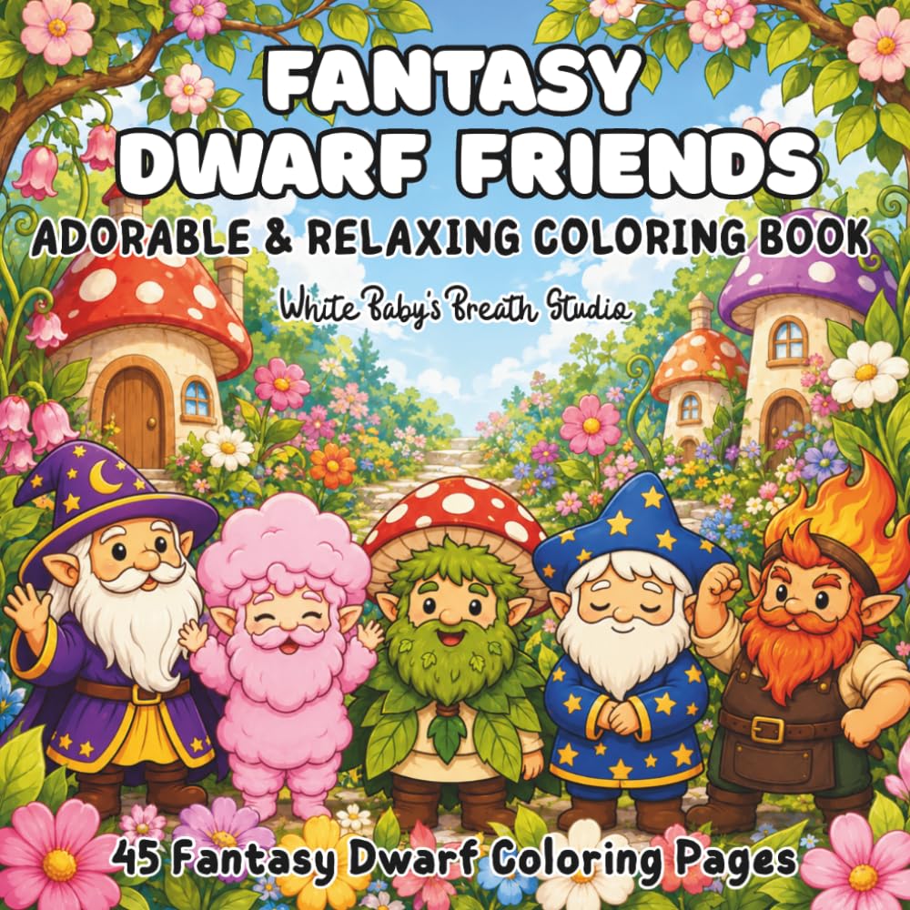 Fantasy Dwarf Friends: Adorable & Relaxing Coloring Book for Adults, Teens and Kids Featuring Fantasy Dwarf World