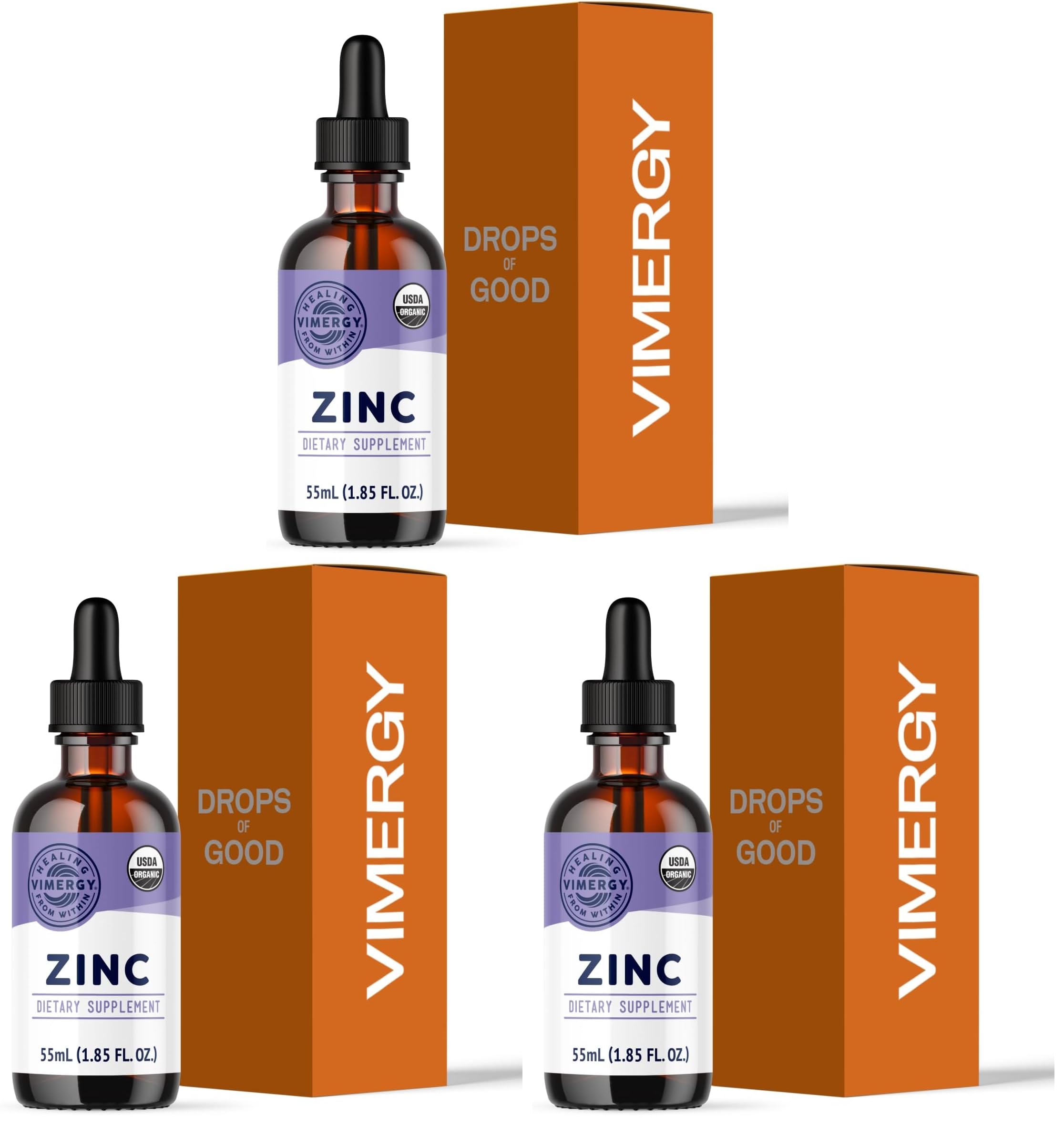 VIMERGY USDA Organic Zinc Supplements for Women & Men (7.5mg Liquid Zinc Per Serving) Fast-Absorbing Immune Support, Promotes Healthy Bones & Skin, Vegan (55 mL) (Pack of 3) 1.85 Fl Oz (Pack of 3)
