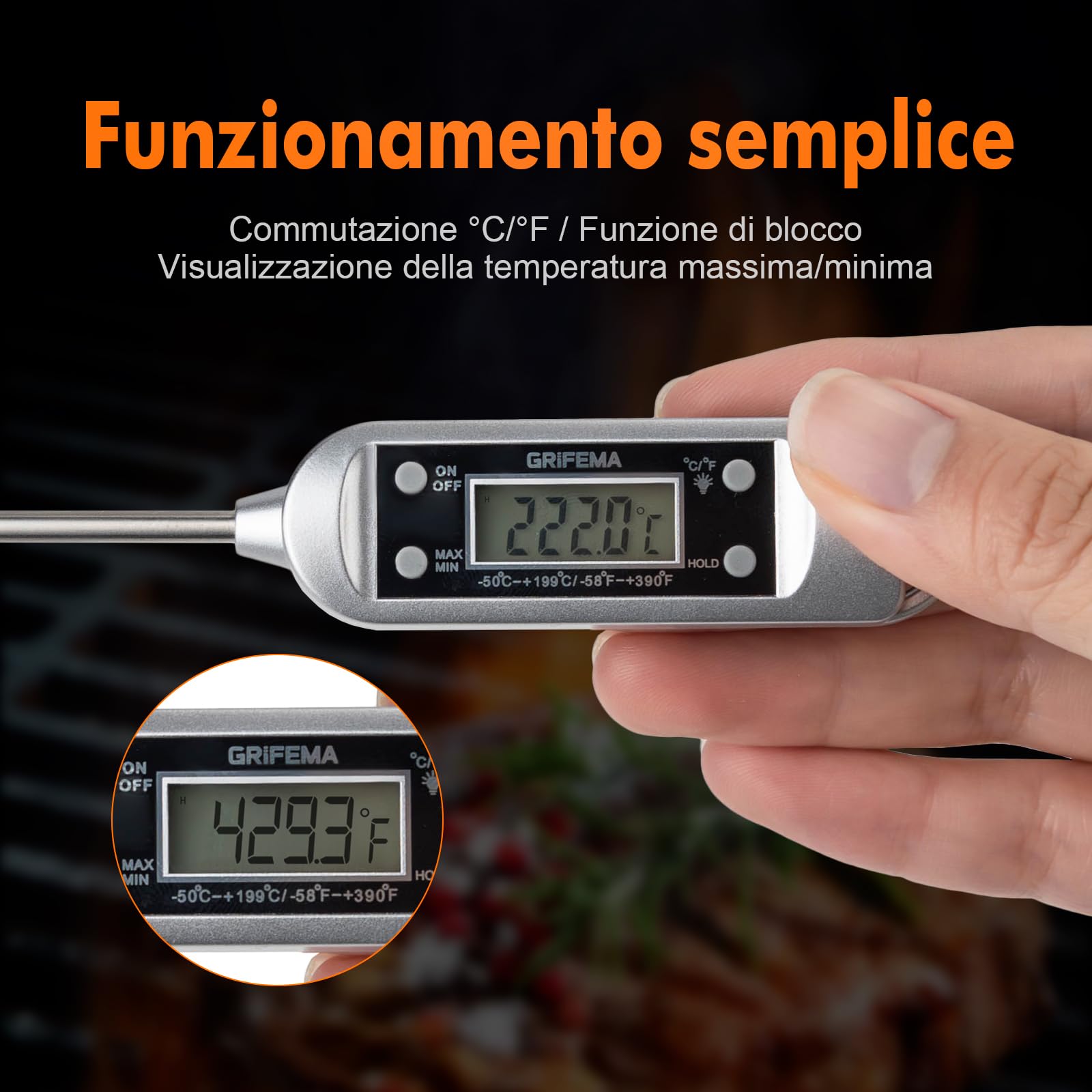 GRIFEMA GA2802 Termometro da Cucina, Sonda in Acciaio Inossidabile 304, Misurazione Rapida, per Barbecue Forno Pasticceria