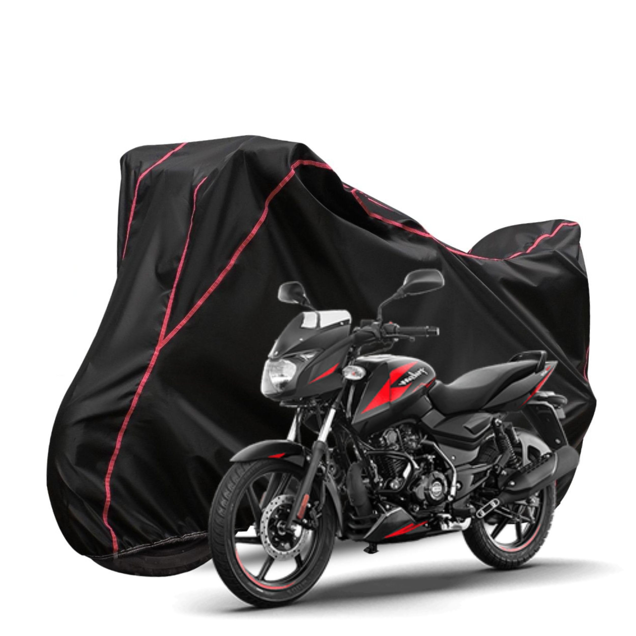 All Weather Protection Two Wheeler Cover for Bajaj Pulsar 125 | Anti Dust, 100% Waterproof, Heat Resistant, UV Proof - Fully Bottom Elastic with Triple Stitched (Black with Red Piping)-image-30