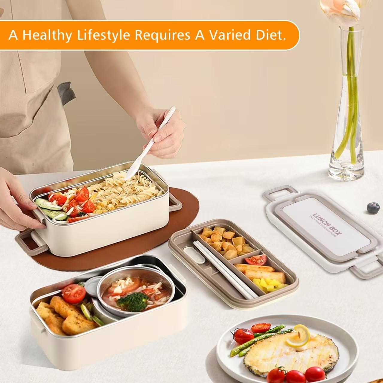 Edelstahl-Lunchbox mit Suppenschüssel, stapelbare Edelstahl-Bento-Box, große Kapazität, Lunchbehälter für Erwachsene, auslaufsichere Lunchbox, Bento-Box für Erwachsene mit Besteck