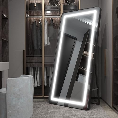 VIEROSE Espejo grande de longitud completa de 63 x 30 pulgadas con luces y soporte para montaje en pared y suelo espejo de vestidor con luz LED