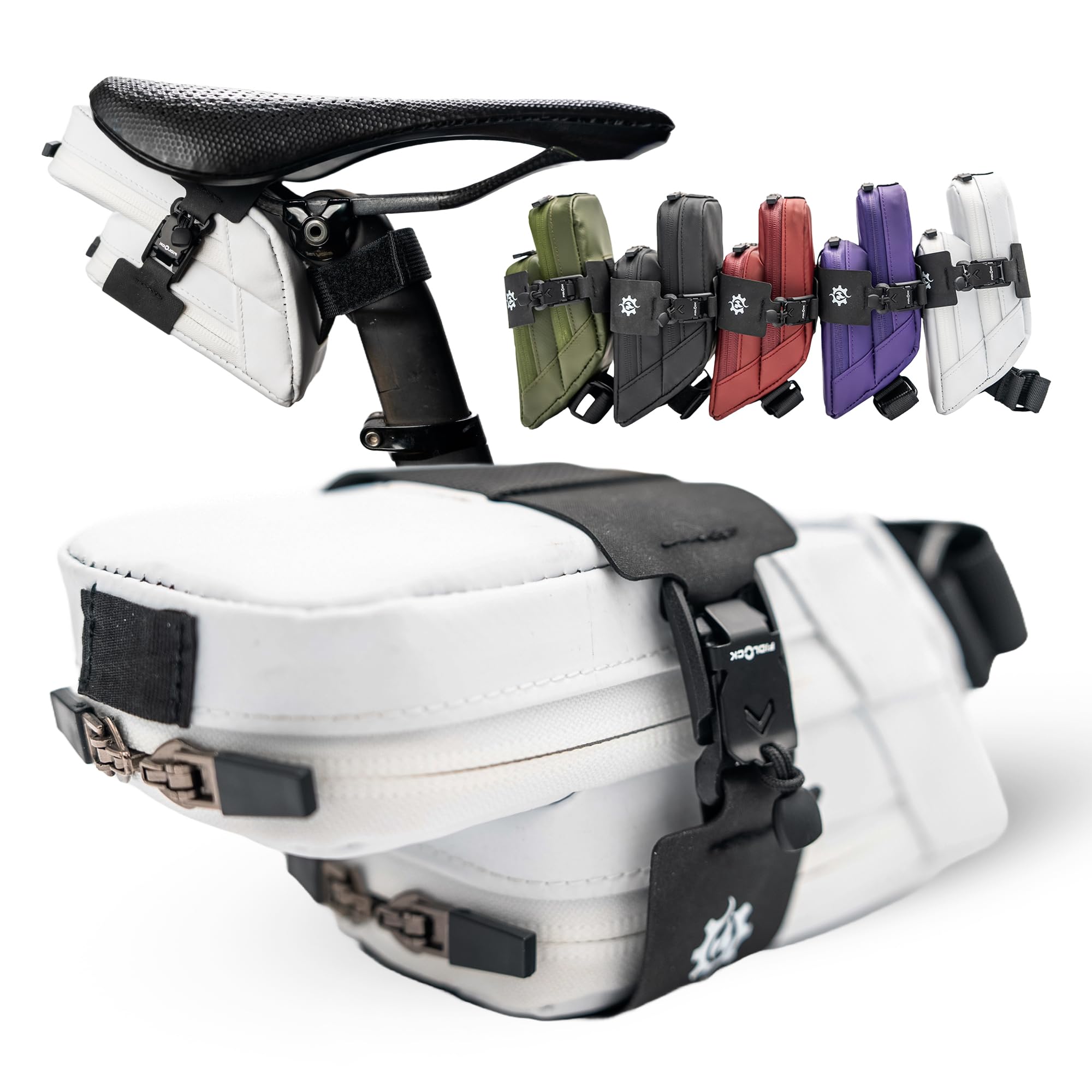 Lumiere & Co. Magnetic Quick-Release Bike Saddle Bag – 7″ × 3″ × 3″ | Double Compartment, Low-Profile Brick Design | Fidlock Magnetic Black V Buckle Attachment System | Mach X (White, Medium)