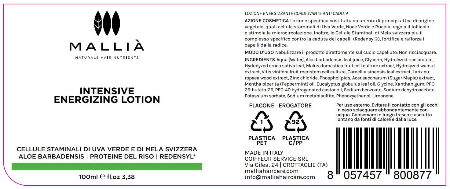 Mallià Lozione Anticaduta Energizzante, Stimolante Ricrescita, 100 ml