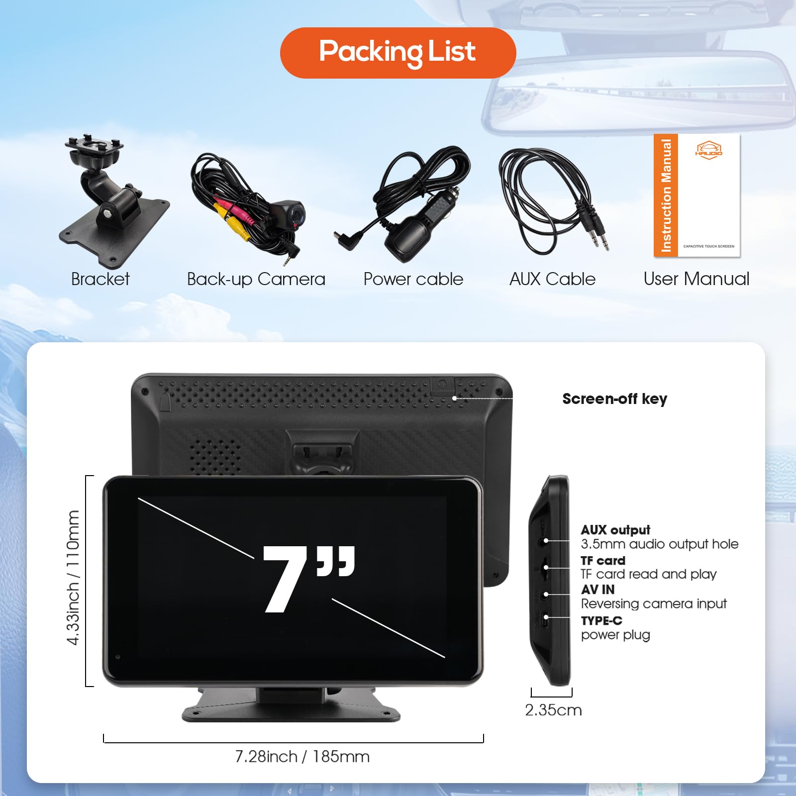 Haudio Portable CarPlay Voiture et CarPlay & Android Auto sans Fil, 7 Pouces Ecran Tactile avec Caméra de Recul, Bluetooth, Mirror Link, GPS, Commande Vocale, for Divers Véhicules