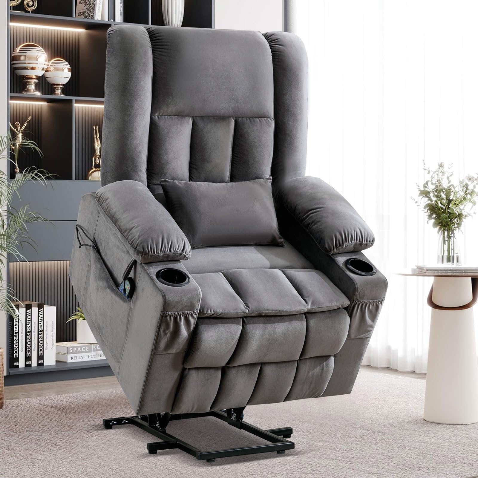 Power Lift Recliner Chair for Elderly with Massage and Heat, Electric Lift Recliner Chairs for Seniors, Power Lift Recliner with Side Pocket, USB Ports, Remote Control for Living Room (Grey)