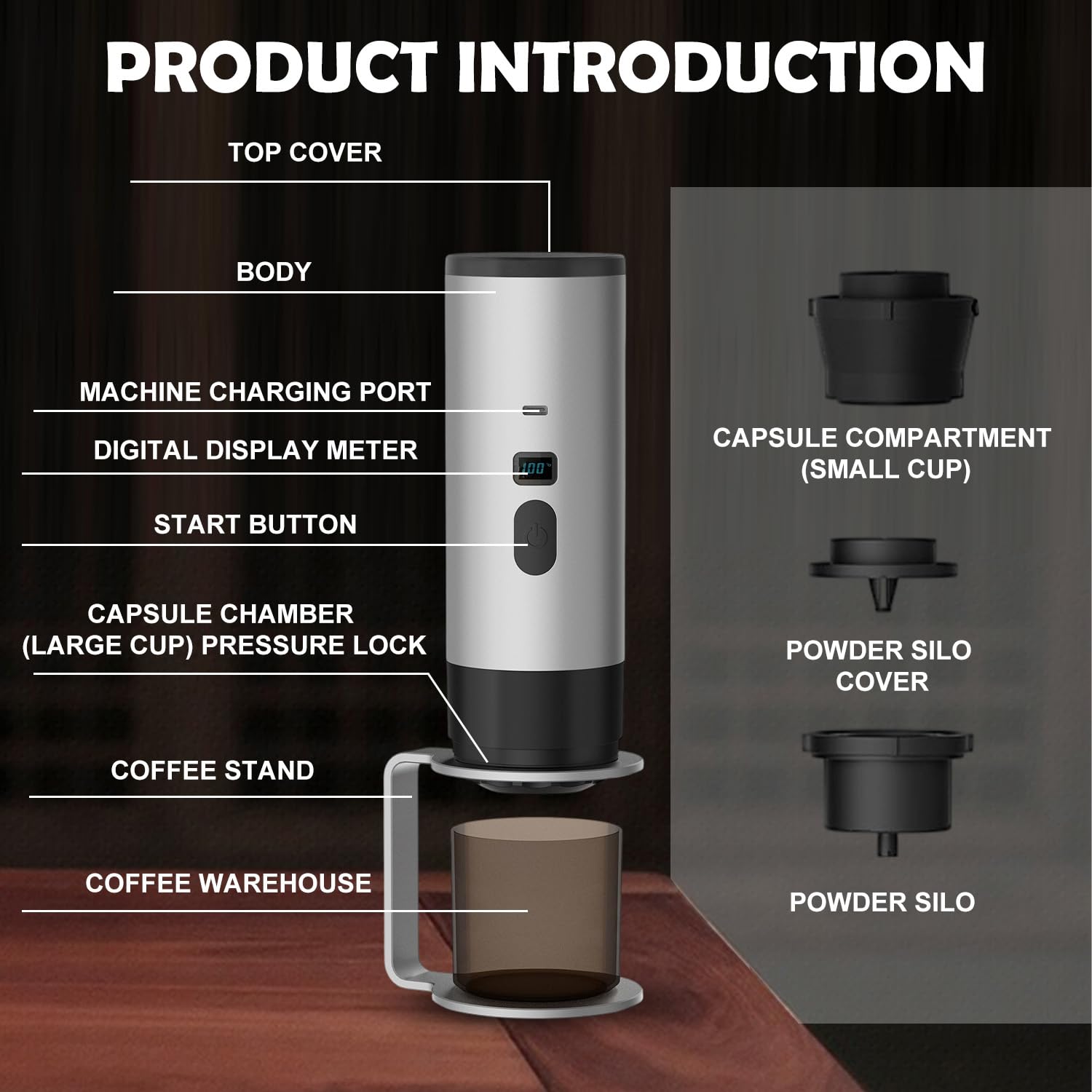 Cafetera portátil 3 en 1 con batería, con soporte, máquina de café espresso con USB, compatible con cápsulas y café en polvo, calentamiento rápido de 3 minutos, para viajes, camping y familias