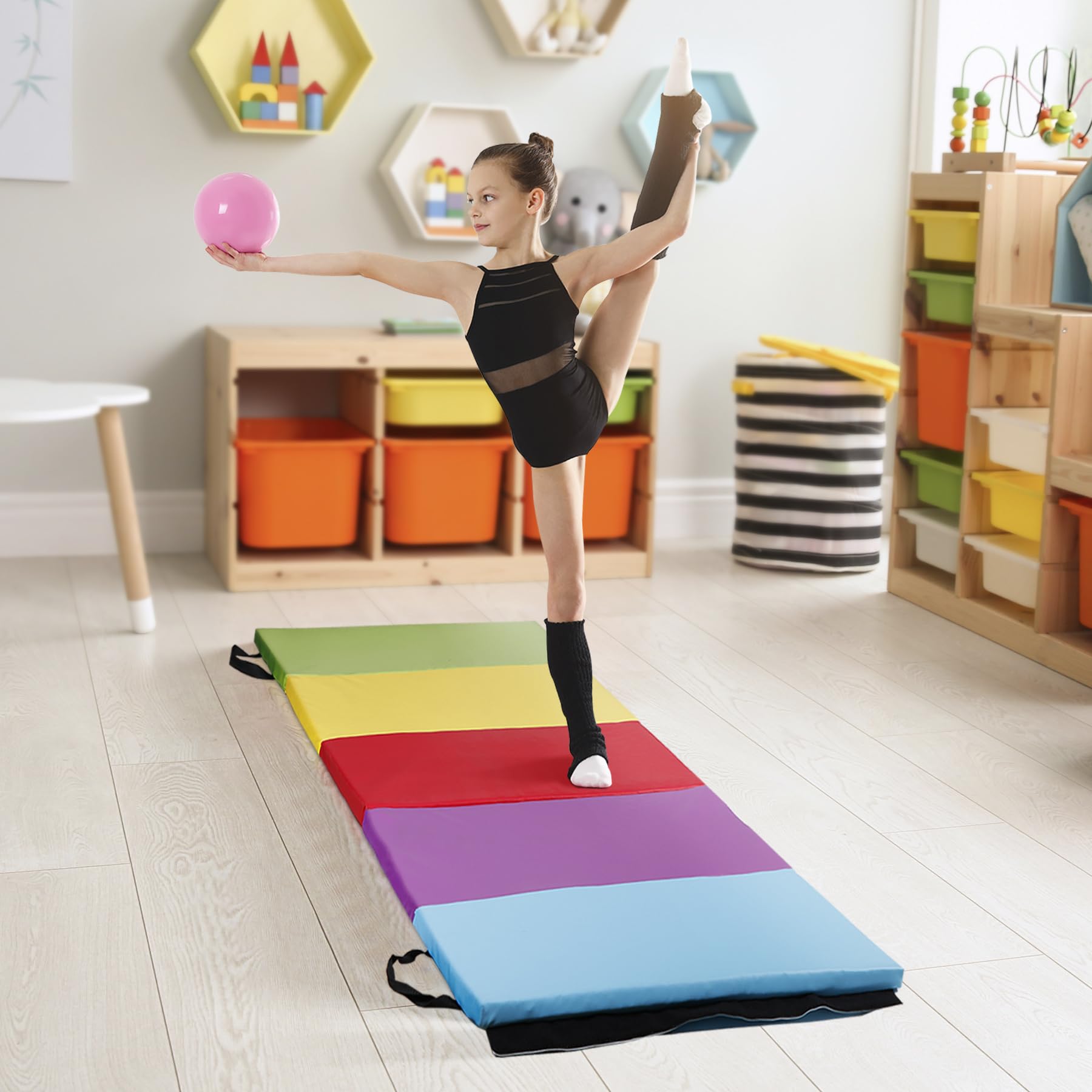 F2C Folding Gymnastics Mat, 4-Panel Gym Mat Tumbling Mat, Lightweight Padded Foldable Exercise Mat with Carry Handles for Home Workouts, Yoga, Kids Play