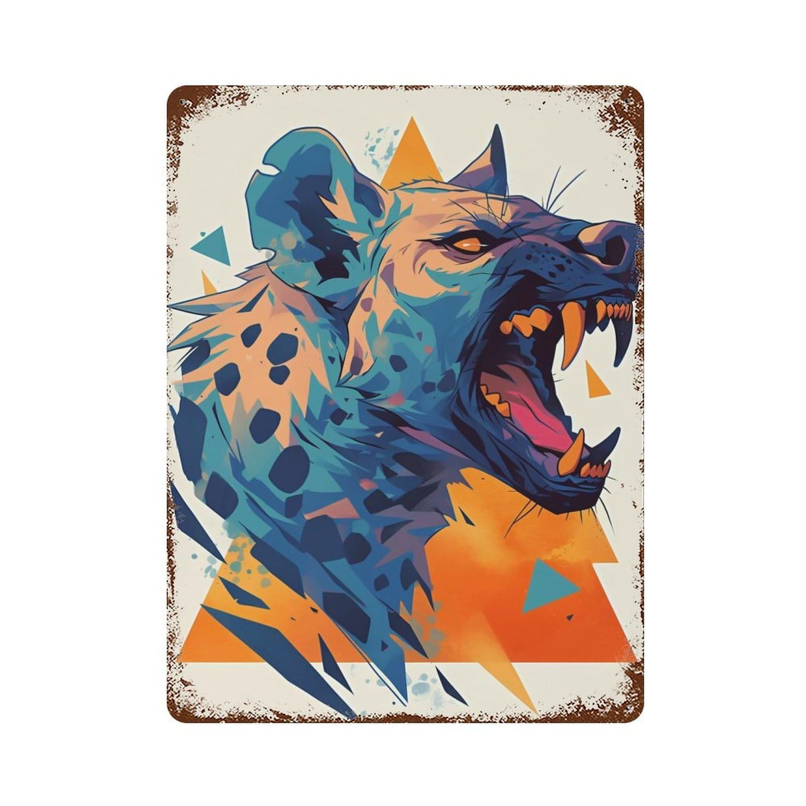 Garage Style Colorful Hyena Illustration with Geometric Shapes Distressed Metal Wall Sign 15.7"x11.8", Shabby Chic Decor for Bar And Workshop