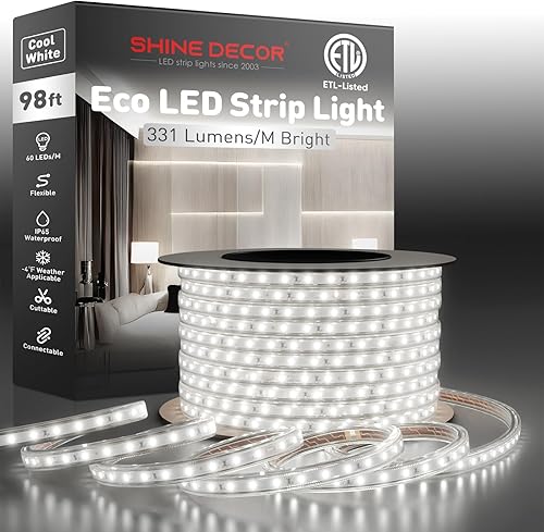 Shine Decor AC120V ECO - Tira de luces LED de 6000 K, color blanco frío, resistente al frío, impermeable, conectable, 331 LMNsM, tiras de