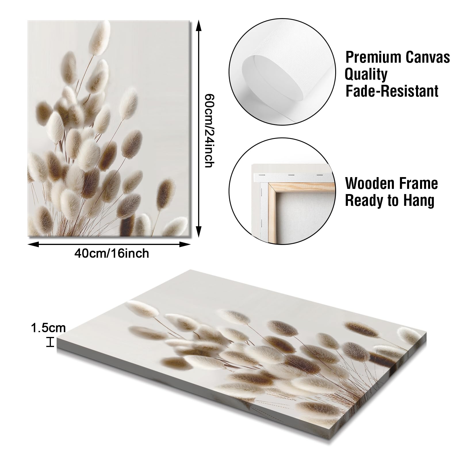 WENGTIAO Set of 3 Beige Reed Floral Canvas Wall Art Prints Framed Pictures Modern Aesthetic Boho Minimalist Beige Flowers Painting on Canvas for Living Room Bedroom Home Wall Decor 40x60cmx3 - Image 2