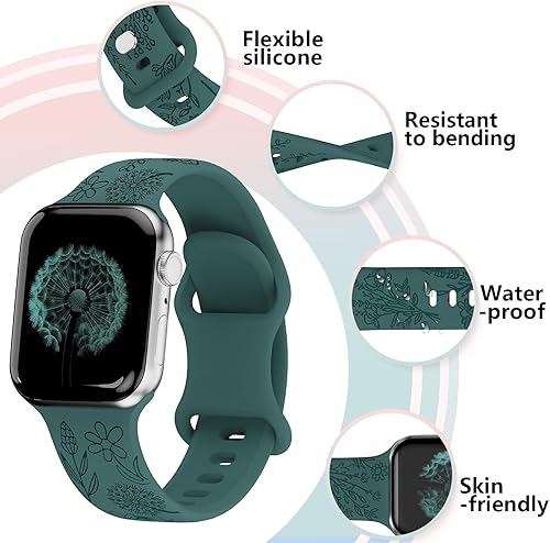 Miniatura 3 de Paquete de 3 correas grabadas con flores compatibles con Apple Watch de 1.496 pulgadas, 1.575 pulgadas, 1.614 pulgadas, 1.654 pulgadas, 1.732