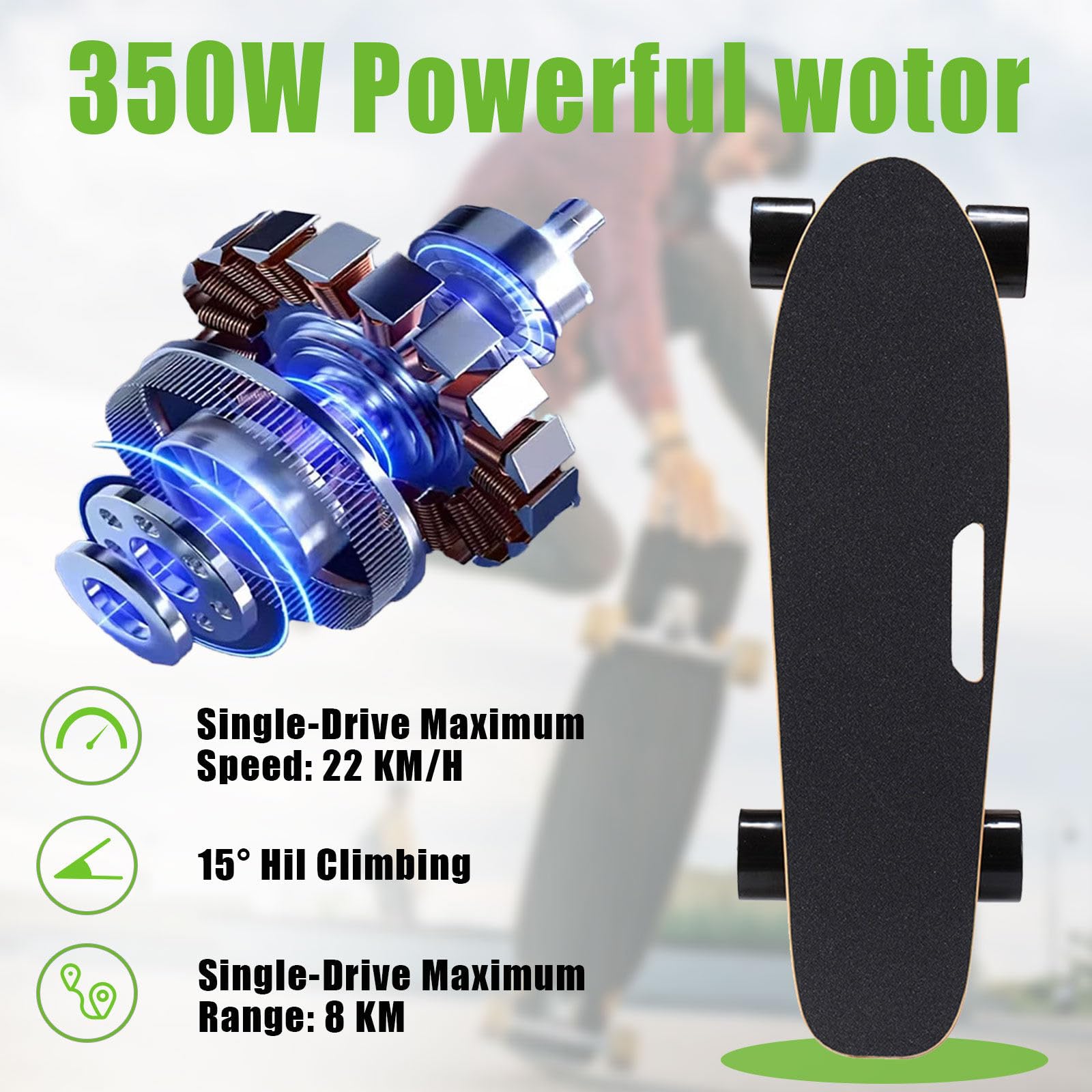 Longboard électrique, Planche à roulettes, avec Moteur hub Simple/Dual, autonomie de 8 à 30 km, Vitesse maximale de 22-40 km/h, capacité de 80-150kg Single-Drive-8km
