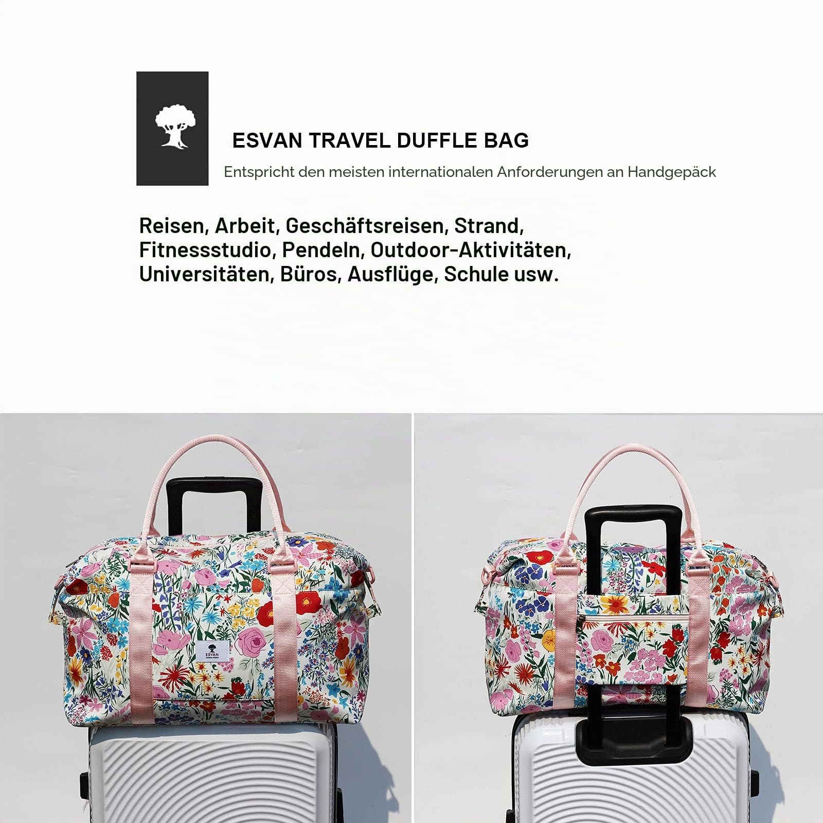 ESVAN Reisetasche, Sporttasche, Wochenendtasche, Übernachtung, Handgepäcktasche, Crossbody-Tasche mit Nassfach und Trolleyhülle, [K] Blume, Large, modisch