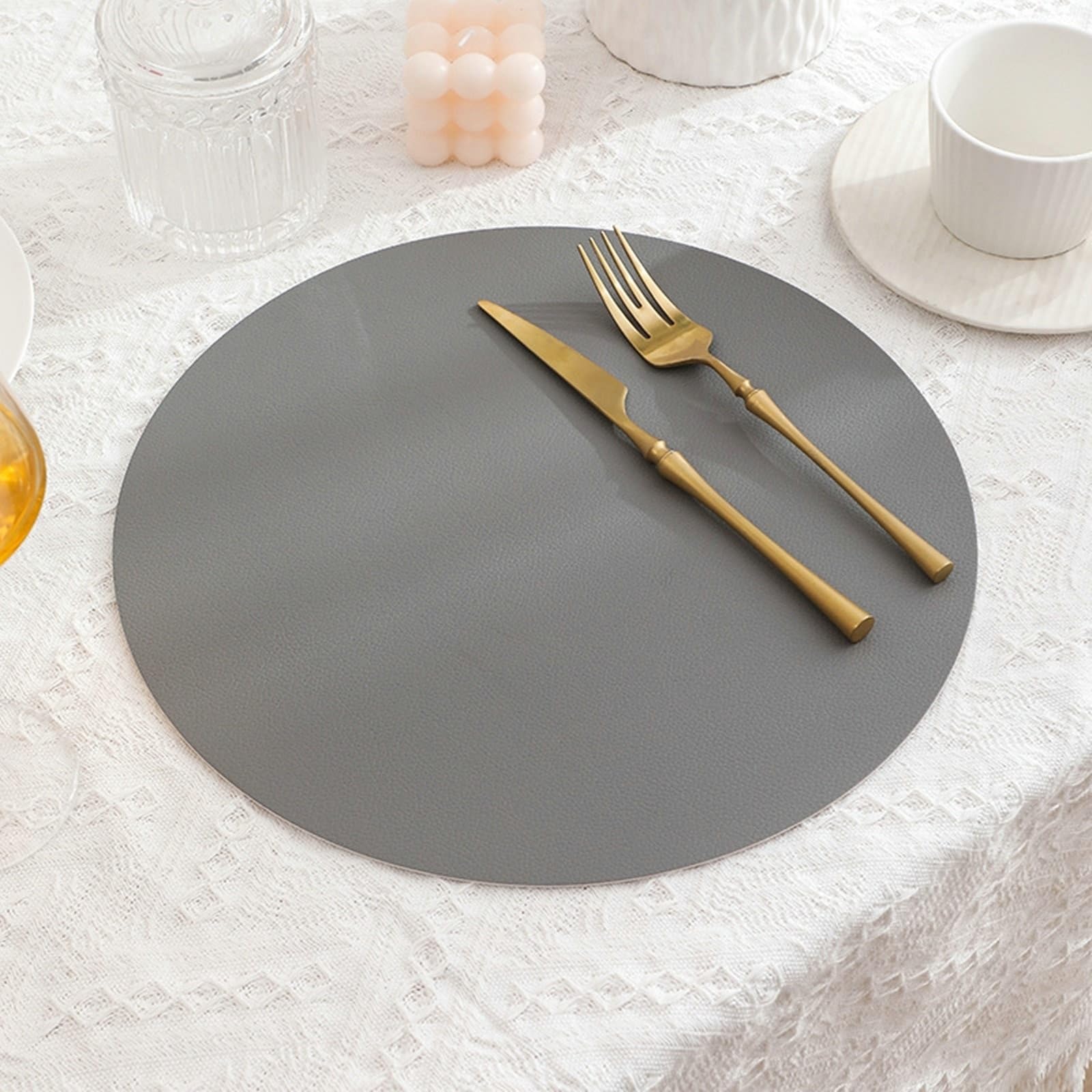 Placemat - Juego de 6 manteles individuales redondos de doble cara, 32 cm, color gris oscuro y beige