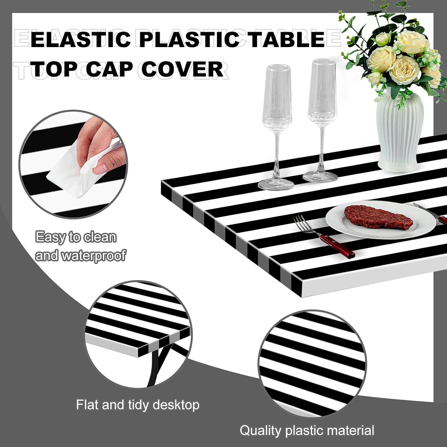 Boao 6 Pcs Plastic Picnic Table Cover 72 x 30 Inch for 6 ft Tables Disposable Waterproof Blue and White Striped Table Covers with Elastic Fitted for Picnic Camping Birthday Outdoor Party (Black)