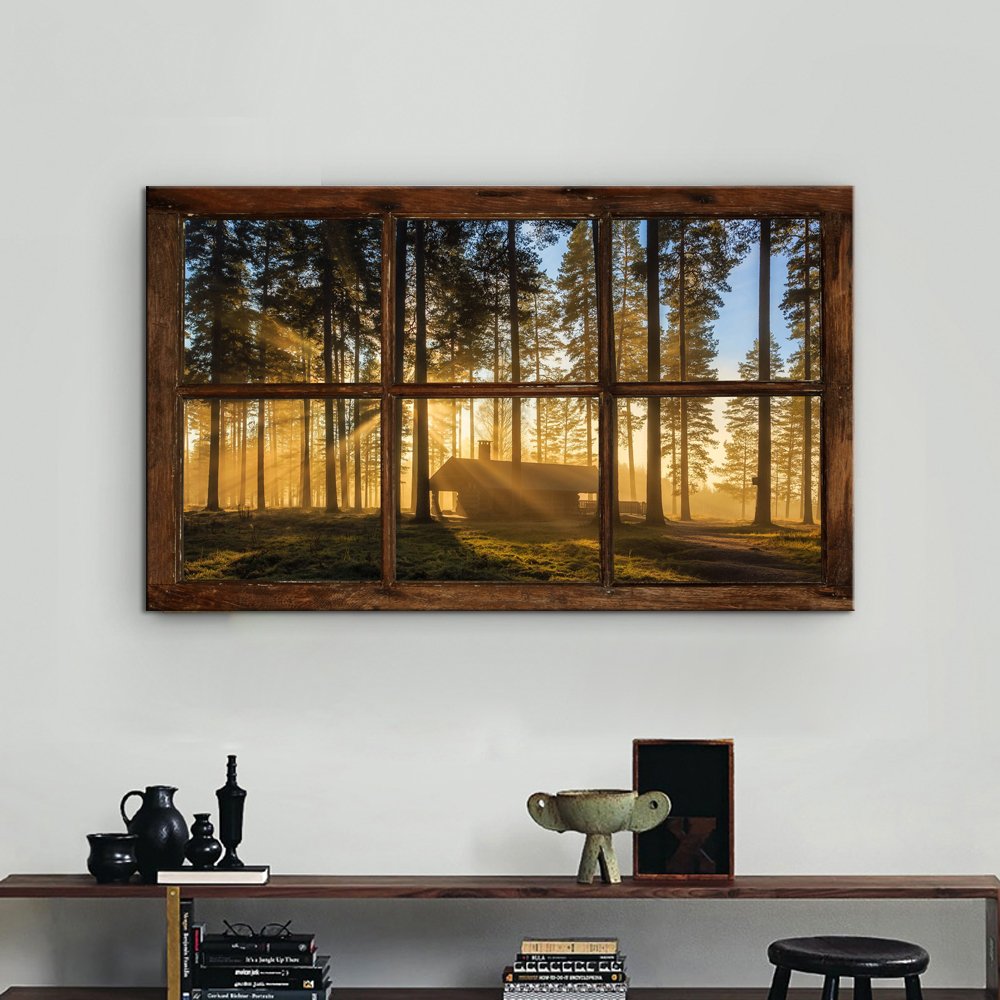 Kolo Wall Art Large Retro Vintage Fake Window Frame Sunshine Forest Painting Prints Framed and