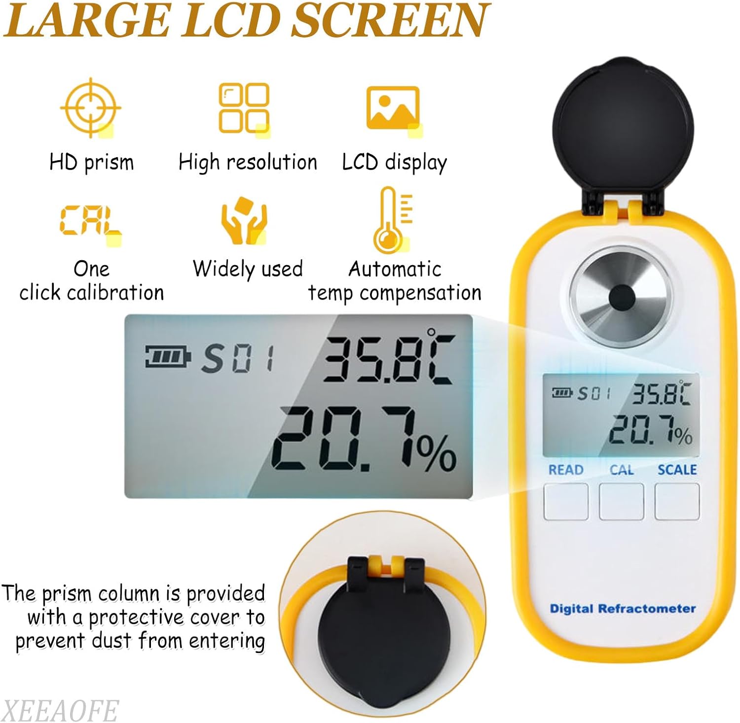 XEEAOFE Handheld LED Digital Refractometer - 0-90% Brix Meter & Dairy Cow Colostrum Concentration Tester - Precision Protein & Sugar Content Measurement Tool