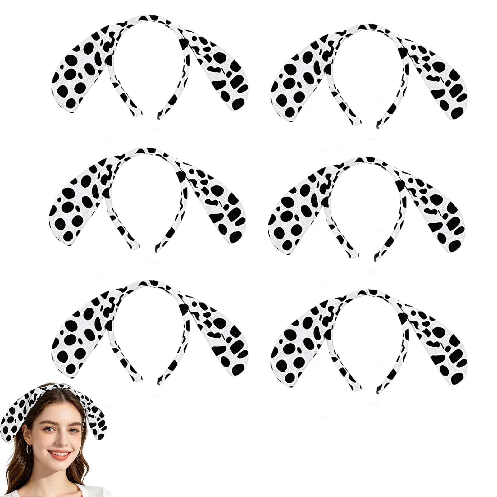 WORUIB 6 PCS Dog Ears Headbands Dalmatian Costume Adult Spotted Headwear，Stretchy One-Size Design, Cosplay And Party Accessories, Animal Themed Gatherings, Halloween And Birthday Celebrations
