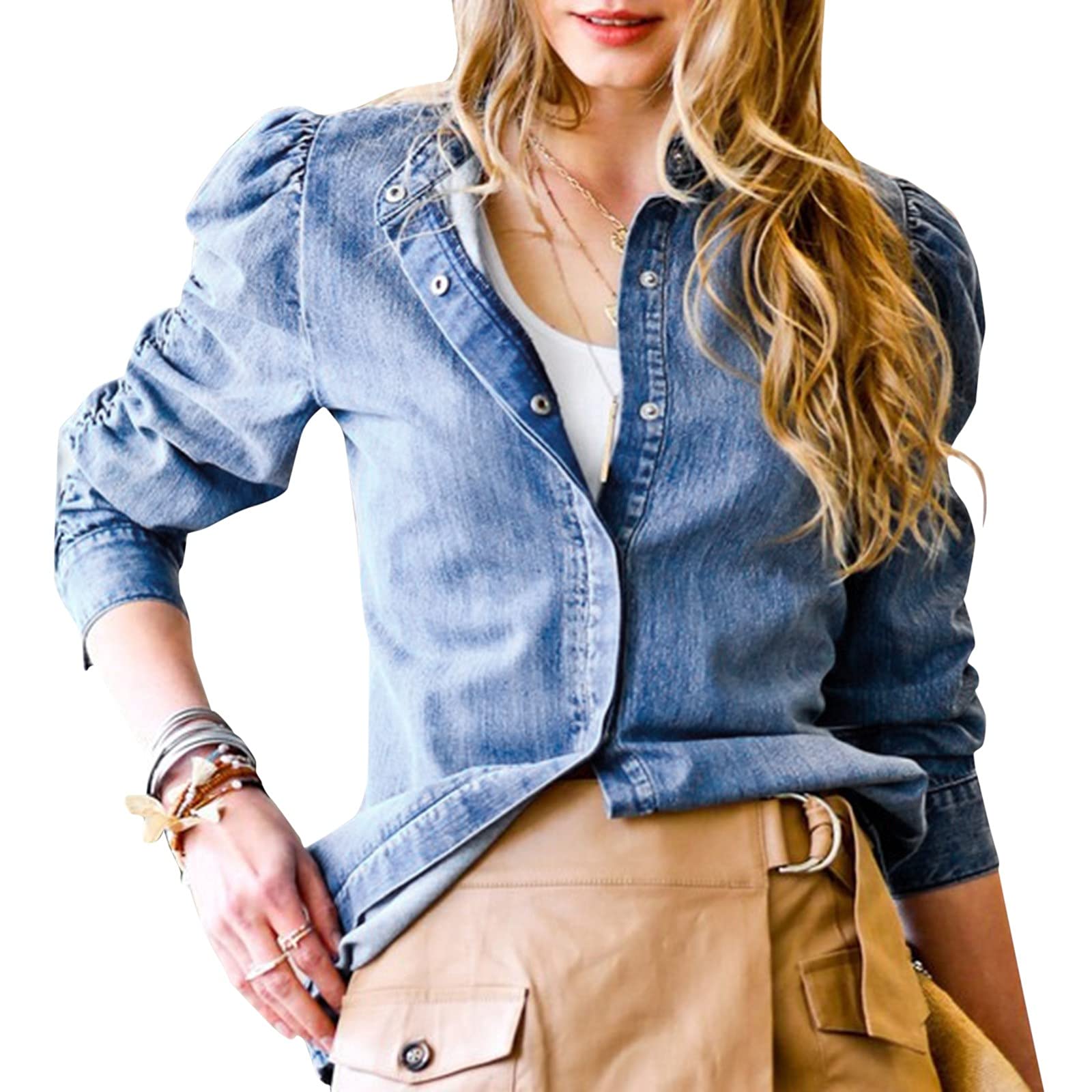 Camicia da donna a maniche lunghe, blu scuro, in jeans, lunga, oversize, con bottoni, in denim, camicia vintage con scollo a V, camicia in jeans estiva e autunno