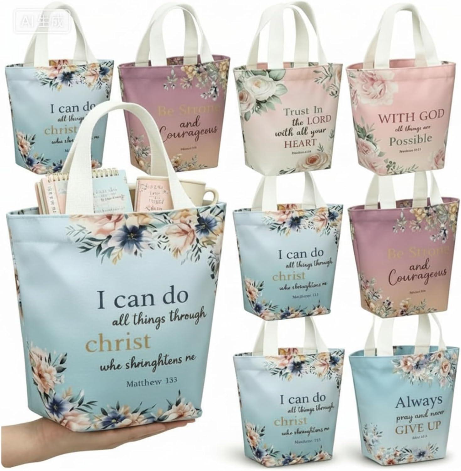 Shinylin 12 Pcs Christian Gift for Women Small Religious Canvas Tote Bags Bulk Floral Bible Verse Mother's Day Church Gift
