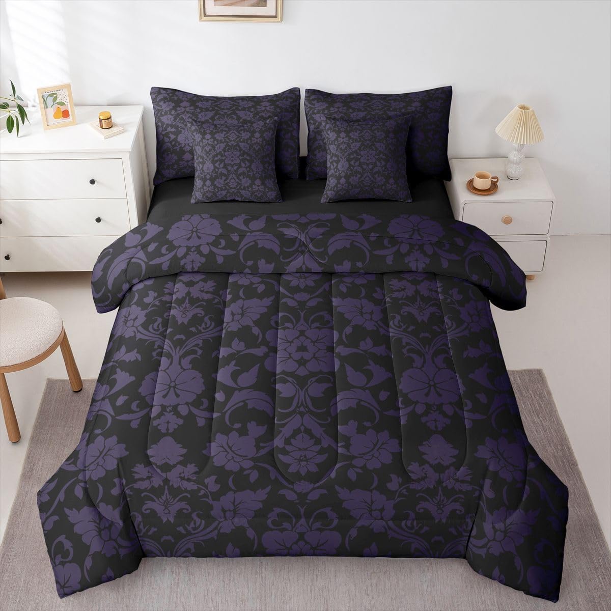 Feelyou Gothic Damask Comforter Set Queen Size 7 Pieces Vintage Floral Bedding Set Boys Girls Bohemian Exotic Goth Bed in a Bag with Comforter, Sheets, Pillowcases, Cushion Covers Victorian Baroque