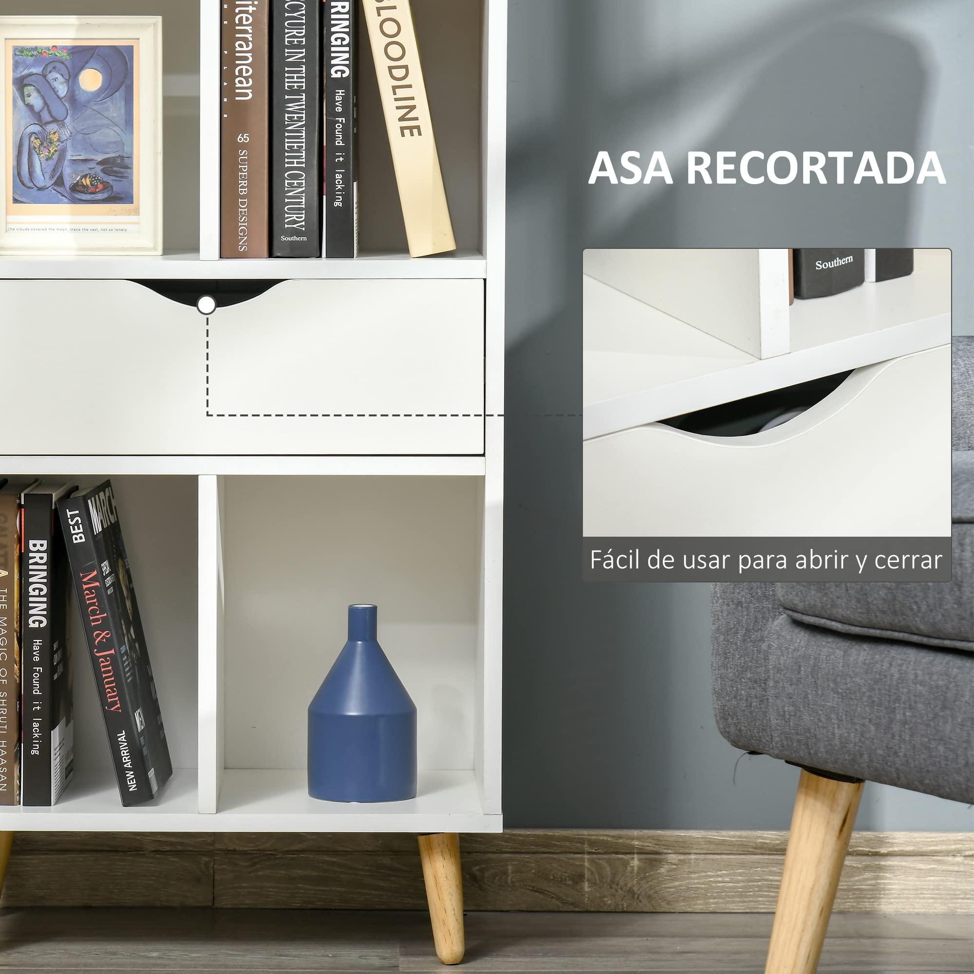 HOMCOM Librería Estantería para Libros con 1 Cajón 50x29,5x120 cm Blanco | Patas de Madera, 6 Compartimentos Abiertos, Almacenaje Plantas Archivos, para Salón Dormitorio Oficina