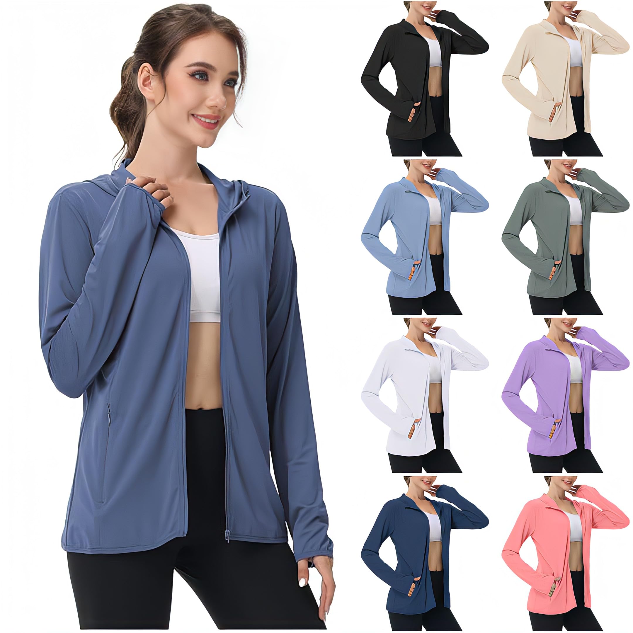 Ropa de protección UV para mujer, de manga larga, chaqueta de verano, transpirable, con capucha, protección solar, chaqueta deportiva, protección UV, chaqueta deportiva, chaqueta para correr