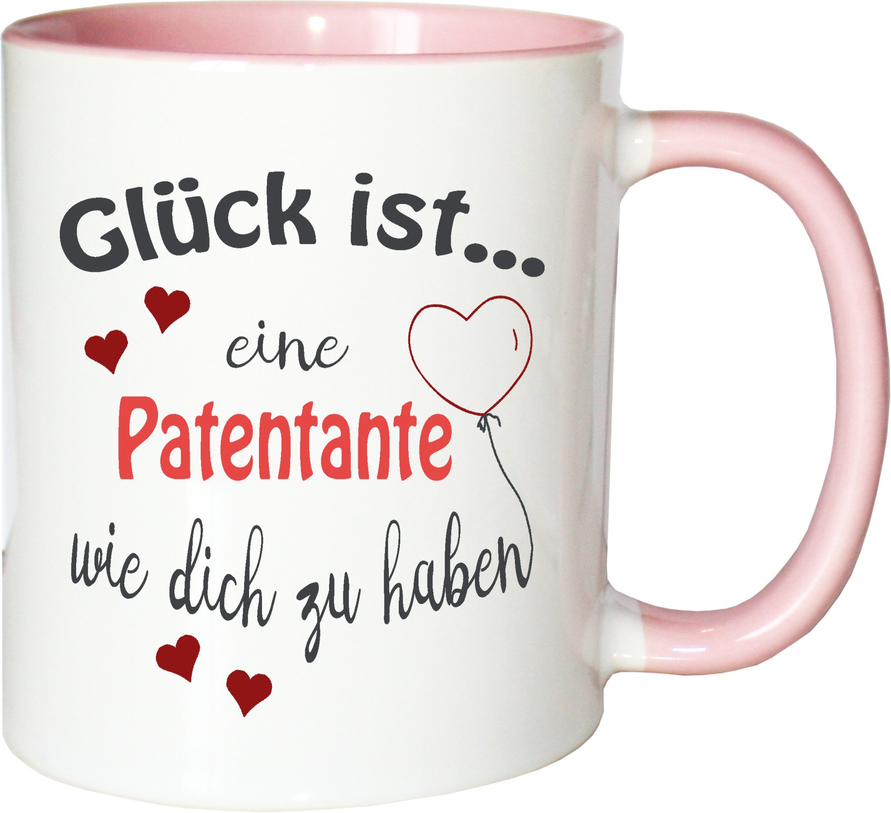 WarmherzIch Mug with German Text "Glück ist..." [Happiness is...] Patentante Coffee Mug Lovingly Printed BFF Best Friend Sister, White / Pink