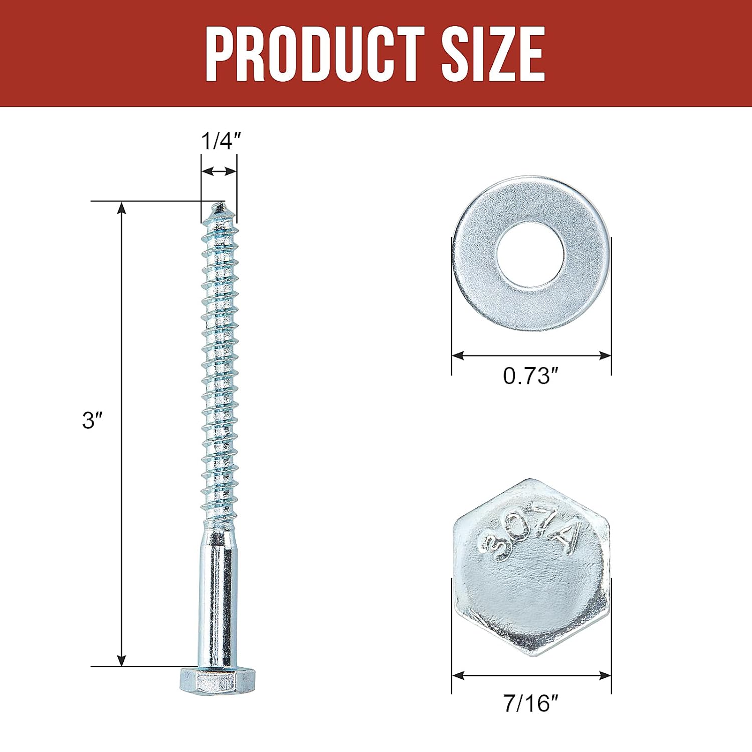 1/4" x 3" Lag Bolts (100 Pcs) 1/4 inch Lag Screws for Wood, Heavy Duty Hex Head with Washers, Zinc Plated