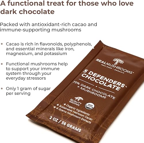 Miniatura 8 de Real Mushrooms Suplemento orgánico en polvo de melena de león para cognición y apoyo inmunológico 60 porciones y 5 Defenders Chocolate 2 onzas con