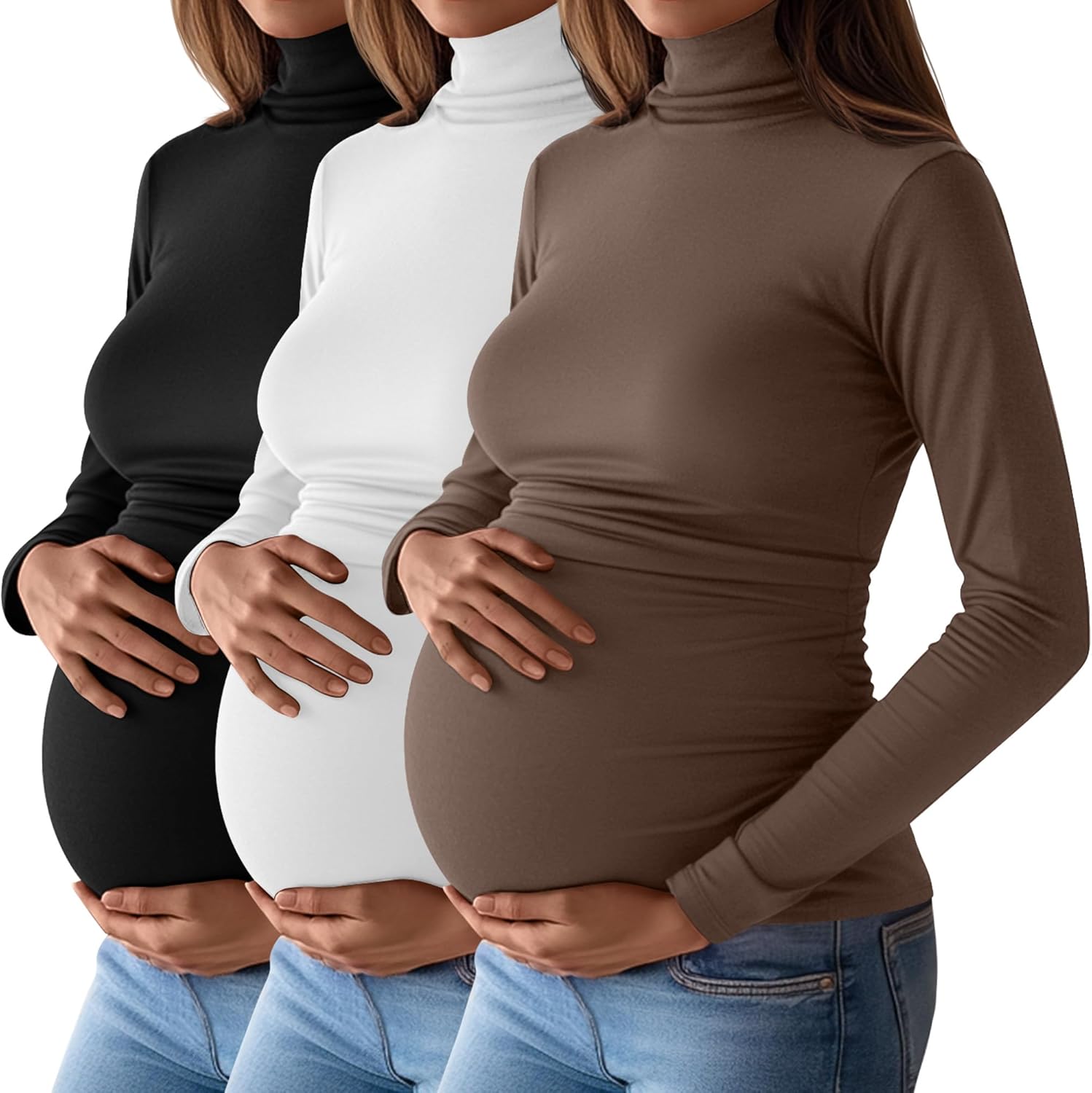 Ficerd 3 Pack Women's Maternity Shirts, Turtleneck Long Sleeve Pregnancy Tops Casual Side Ruched Maternity Tees Mama Clothes Black, White, Coffee X-Large