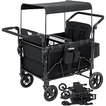 Kids Folding Handcart Wagon with Removable Canopy and Tray, Versatile 4 Seater Foldable Transport Trolley with 5 Point Harness, EVA Wheels, Foot Brake, for Outdoor Camping Park, Black