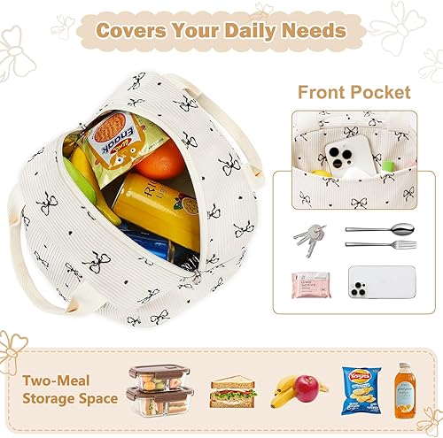 Miniatura 6 de EurCross Bonita bolsa de almuerzo con pajarita para niñas, lonchera aislada de pana marfil para espacio de dos comidas, perfecta para días