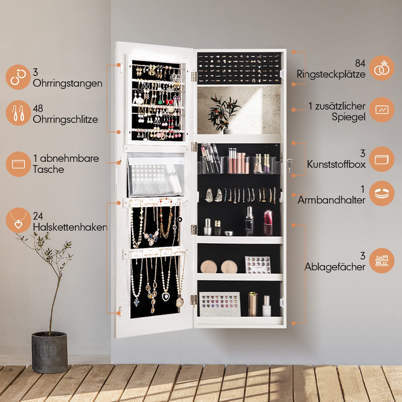 RELAX4LIFE Schmuckschrank mit 2 Spiegel & Touchscreen-LED-Licht, Schmuckregal mit Schloss, Schmuckorganizer für Ohrringe & Armband & Kette & Ringe & Kosmetik, Tür- & Wandmontage (Weiß)