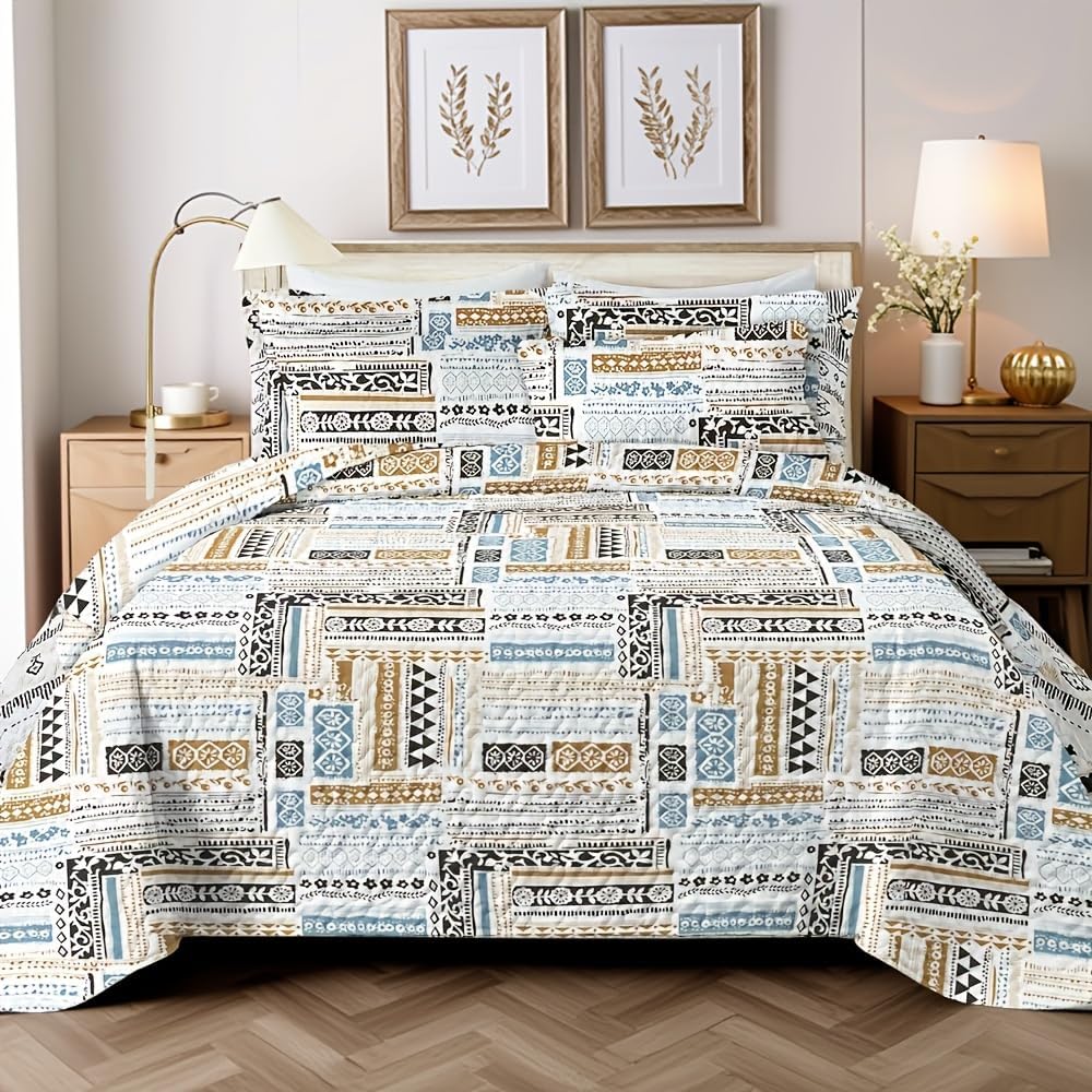 Geometry Patchwork Quilt Set King - Blue Quilts for King Size Bed, Multicolor Patchwork Printed Geometry Bedding Set - Soft Microfiber Lightweight Coverlet Bedspread(Geometry, King(90"x104"))