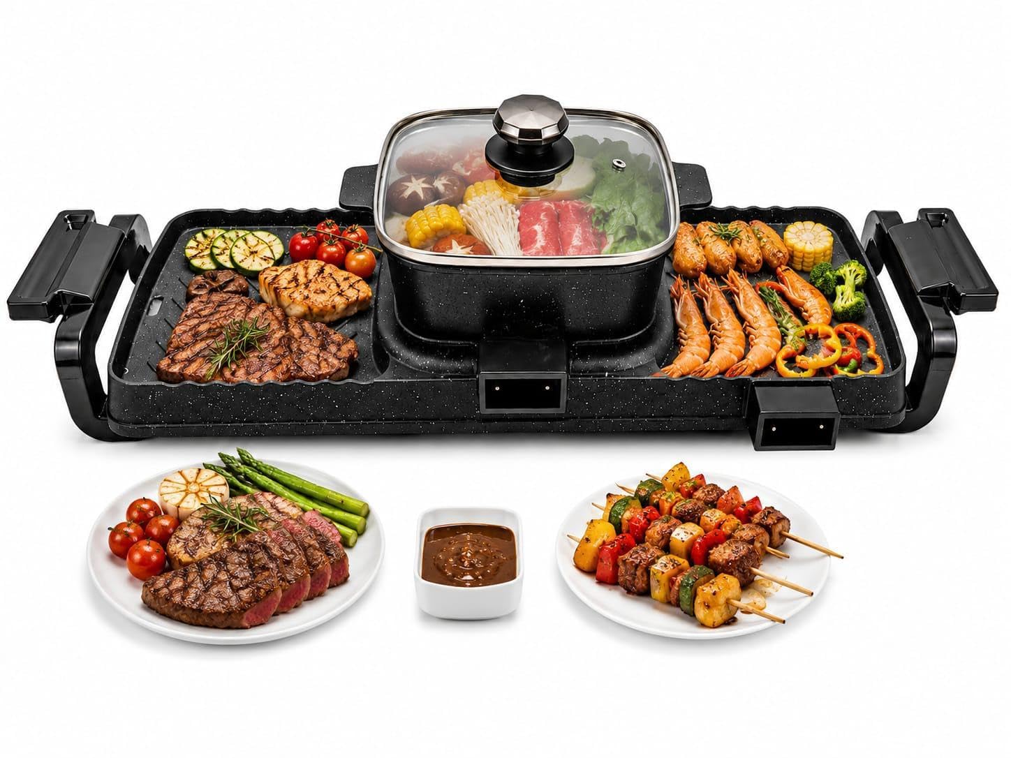 CHALISA 2 in1 BBQ Grill with Hot Pot 1800 W Multifunction Electric Grill Hot Pot 78x26x15cm Non-Stick Smokeless bbq of Cast Aluminum and Tempered Glass with Double Temperature Control for Home cooking-image-46