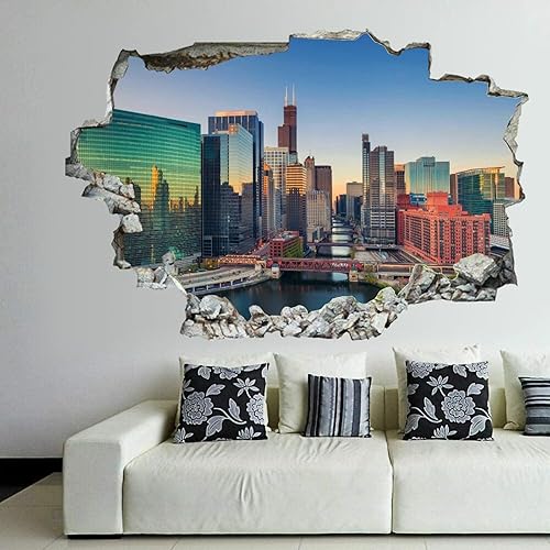Calcomanías de pared rotas 3D de Chicago, Illinois, Estados Unidos, paisaje urbano de 36 x 24 pulgadas, vinilo de pared extraíble, despegar y pegar,