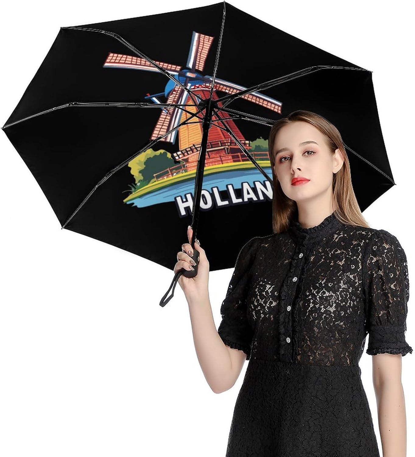 Dutch Holiday in Holland Windproof Travel Umbrella Compact Portable Automatic Umbrella for Sun Rain